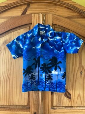 Boys Pineapple Connection blue beach button down shirt size S (4/5)